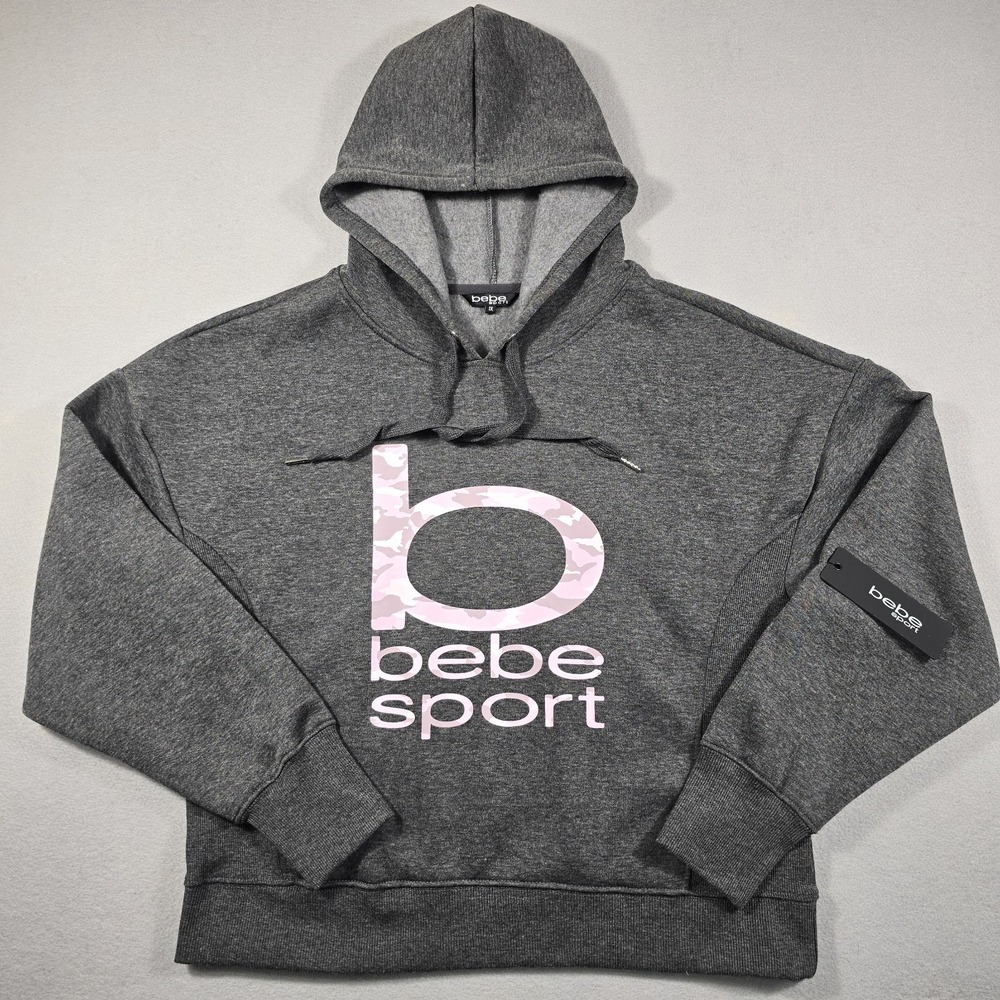 Bebe Sport Womens 1X Charcoal Hoodie‎ Printed Big B Camo Logo Pullover - Picture 2 of 12